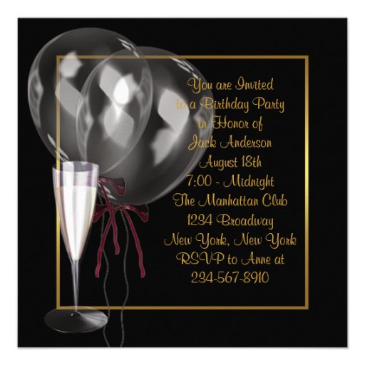 Gold Black Champagne Mans Birthday Party Custom Invitations