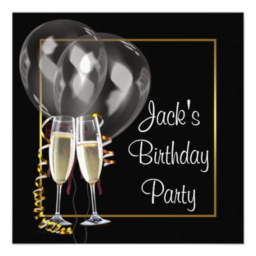 Gold Black Champagne Mans Birthday Party Personalized Invitations (front side)