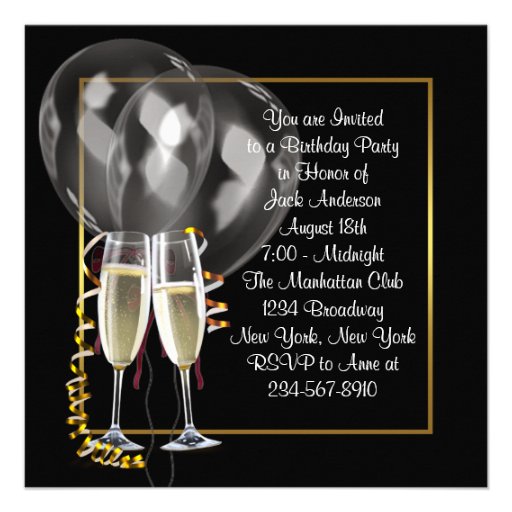 Gold Black Champagne Mans Birthday Party Personalized Invitations