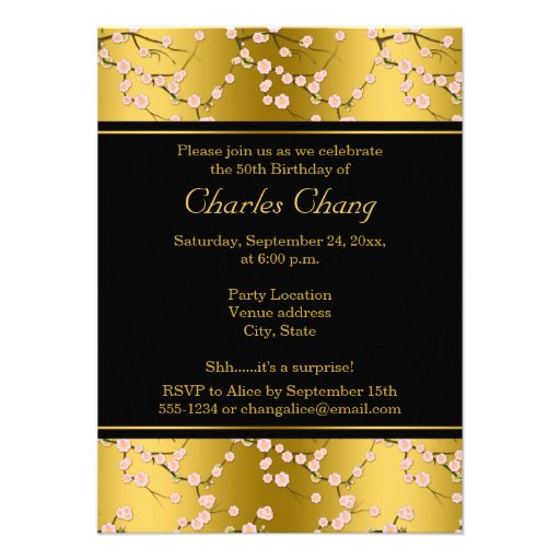 Gold, Black Cherry Blossoms 50th Birthday Invite