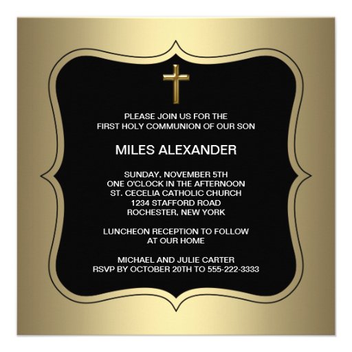 Gold Black Cross Boys First Communion Personalized Invites