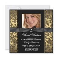 Gold Black Damask Photo Sweet 16 Party invitation