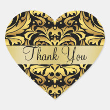 Gold & Black Damask Thank You Heart Sticker