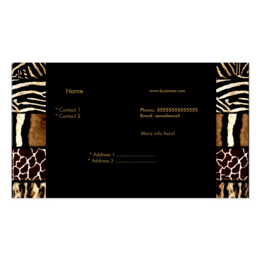 Gold Black Elegant Mixed Zebra Leopard Tiger Business Card Template (back side)