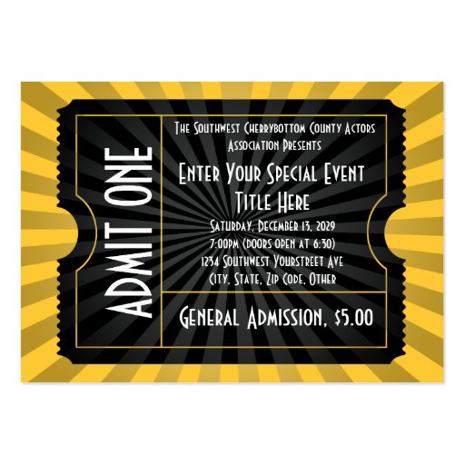 Gold + Black Event Ticket, Lg Business Card Size