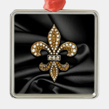Gold Black Fleur De Lis Satin Jewel Christmas Tree Ornament