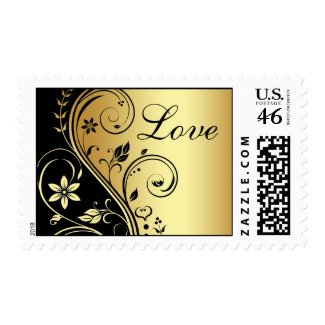 Gold & Black Floral Scroll Love Wedding Postage stamp