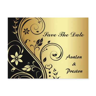 Gold &amp; Black Floral Scroll Save The Date Postcard