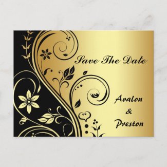 Gold &amp; Black Floral Scroll Save The Date Postcard