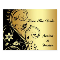 Gold & Black Floral Scroll Save The Date Postcard postcards