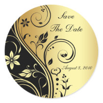 Gold & Black Floral Scroll Save The Date Sticker
