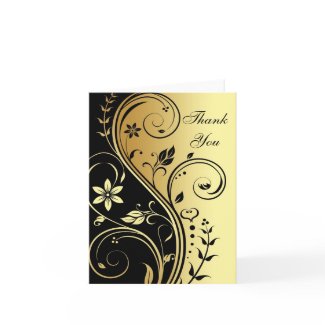 Gold & Black Floral Scroll Thank You Greeting Card card