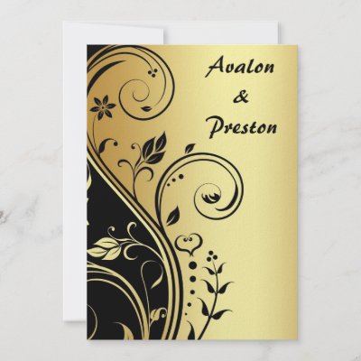 Gold Black Floral Scroll Wedding Invitation by theedgeweddings