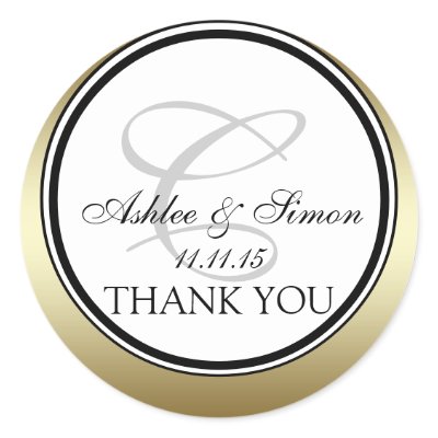 Gold Black Monogram C Wedding Thank You Round Stickers