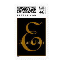 Gold & Black Monogram E Bride Groom Names Postage