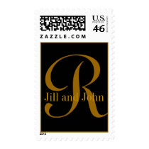 Gold & Black Monogram R Bride Groom Names Postage