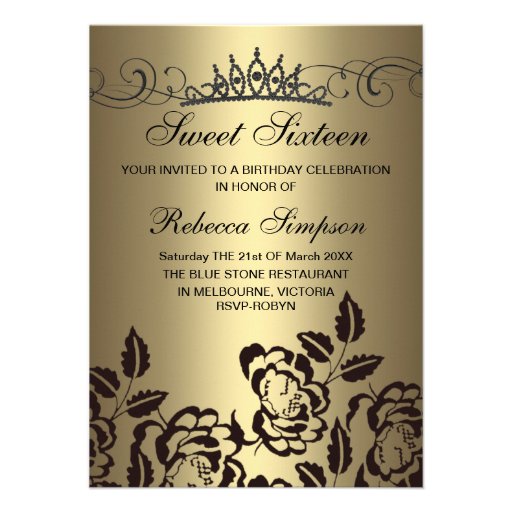 Gold & Black Rose & Tiara Birthday Invitation