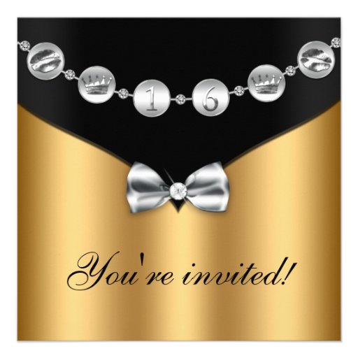 Gold Black Silver Bowed Charm Sweet Sixteen Invite