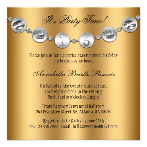 Gold Black Silver Bowed Charm Sweet Sixteen Invite