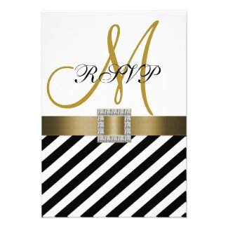 Gold Black Stripes Ribbon Monogram Wedding RSVP Cards