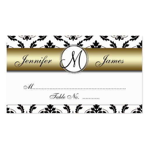 Gold, Black, White Damask Wedding Place Card Business Card Template (front side)