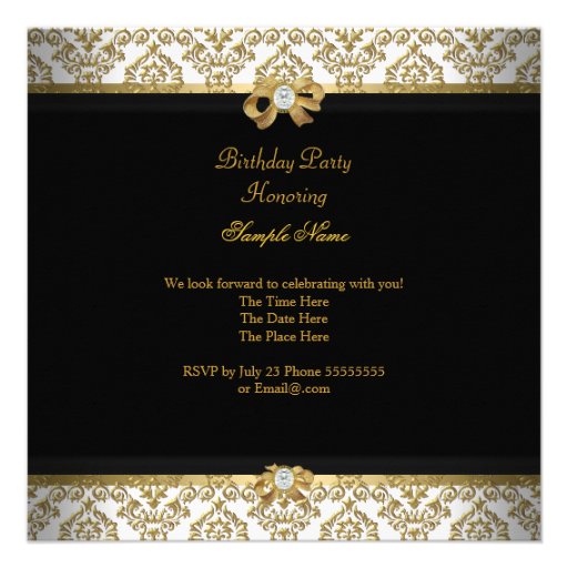 Gold Black White Jewel Damask Birthday Party 2 Custom Announcement