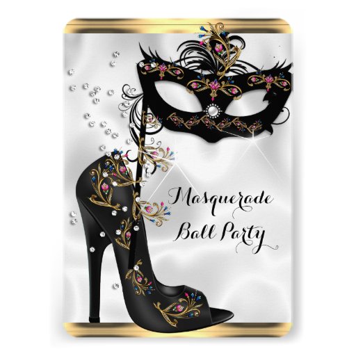 Gold Black White Masquerade Ball Party Mask Jewel Card