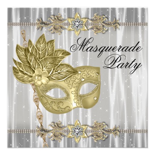 Gold Black White Masquerade Party Personalized Announcement (front side)