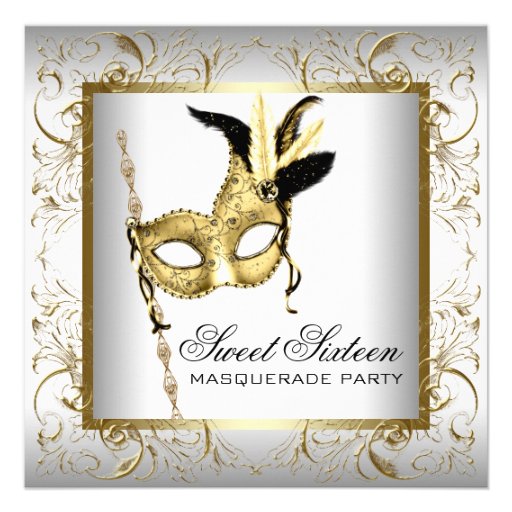 Gold Black White Sweet Sixteen Masquerade Party Invites (front side)
