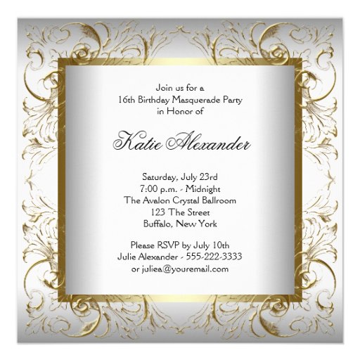 Gold Black White Sweet Sixteen Masquerade Party Invites