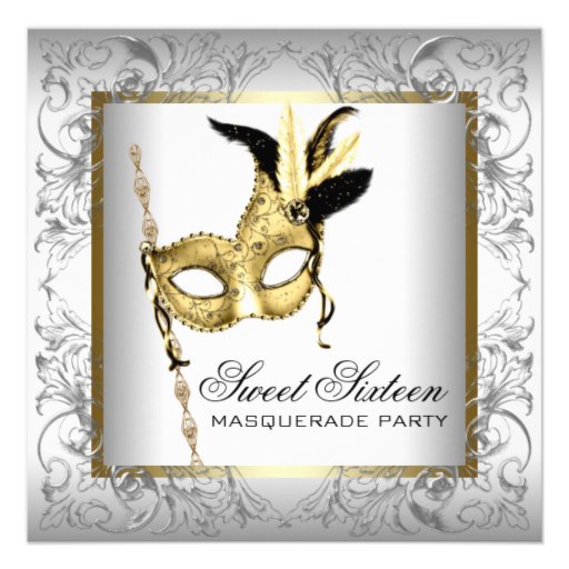 Gold Black White Sweet Sixteen Masquerade Party Personalized Announcement