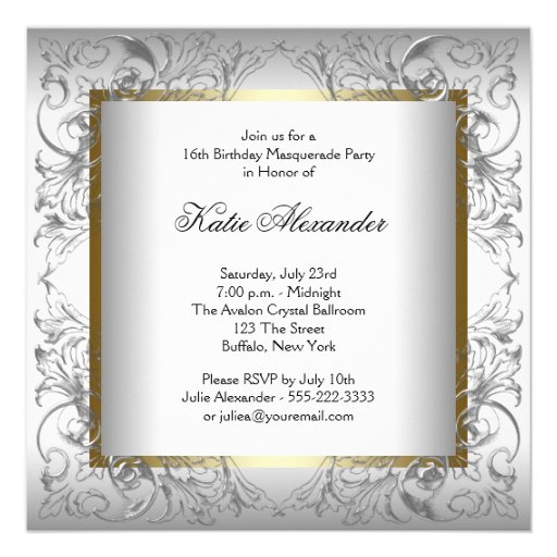Gold Black White Sweet Sixteen Masquerade Party Personalized Announcement