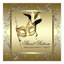 Gold Black White Sweet Sixteen Masquerade Party Invite