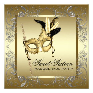 Gold Black White Sweet Sixteen Masquerade Party Invite