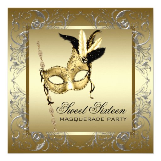 Gold Black White Sweet Sixteen Masquerade Party Invite (front side)
