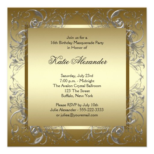 Gold Black White Sweet Sixteen Masquerade Party Invite