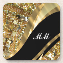Gold bling & black swirl pattern coasters