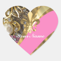 Gold bling fleur de lys heart stickers