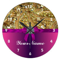 Gold bling & magenta round wall clocks