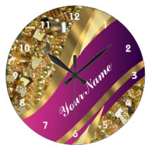Gold bling & magenta swirl round wallclocks