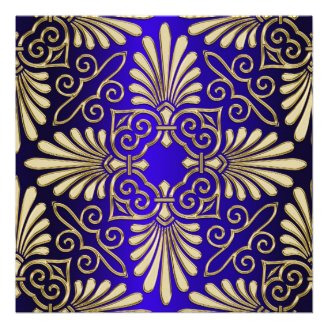 Gold Blue Art Deco Damask Baby Shower Invitations