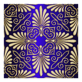 Gold & Blue Art Deco Deco Damask Bridal Shower Invitation