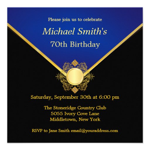 Gold Blue Emblem Elegant Birthday Party Invites