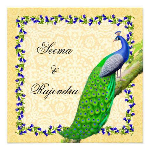 Gold Blue Indian Peacock Wedding Invitation