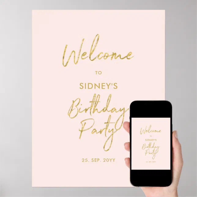 Gold Blush Pink Modern Birthday Party Welcome Poster Zazzle