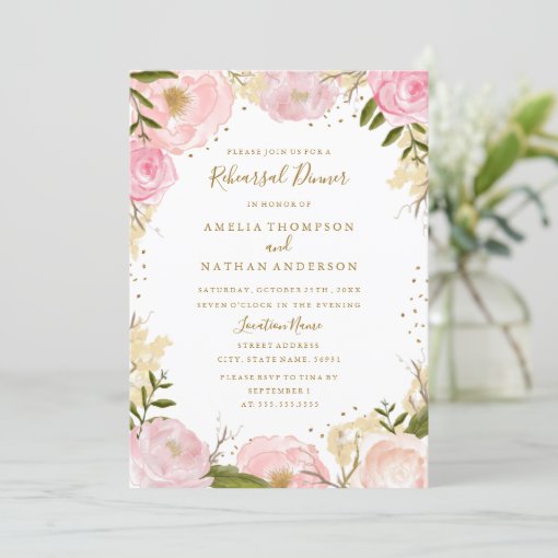 Gold Blush Rose Floral Wedding Rehearsal Dinner Invitation Zazzle