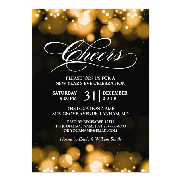 Gold Bokeh Sparkles Cheers New Year's Eve Party Card (front side)