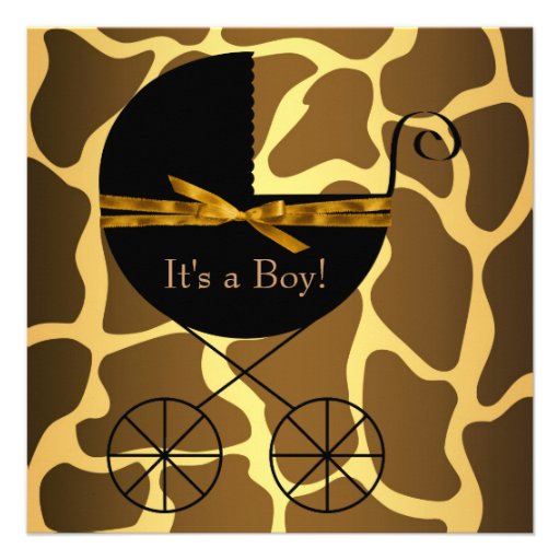 Gold Brown Carriage Boy Giraffe Baby Shower Personalized Invites