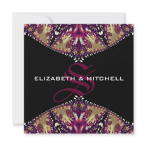 Gold Burgundy Fractal Lace Monogram Wedding Invitations