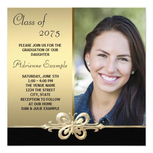 Gold Butterfly Black and Gold Photo Graduation Invite